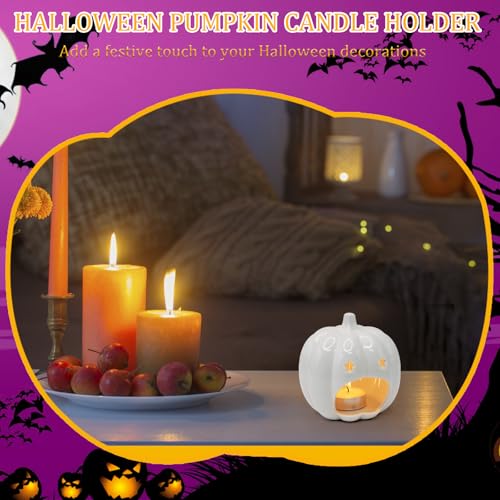Ceramic White Pumpkin Candle Holder with Star Holes - Halloween Decor - Variation H01