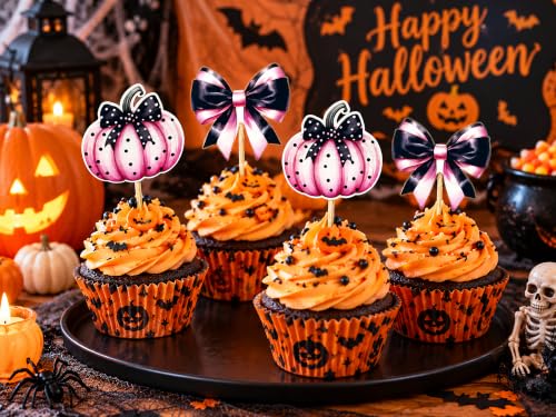 Halloween Cupcake Toppers Set - Pumpkin & Bow Cake Decorations, 36 Pcs