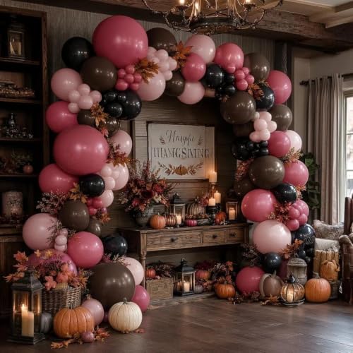 Pink Black Balloon Arch Kit - Double Stuffed Dusty Rose Pink & Brown Balloons - Variation of Pink Black Brown