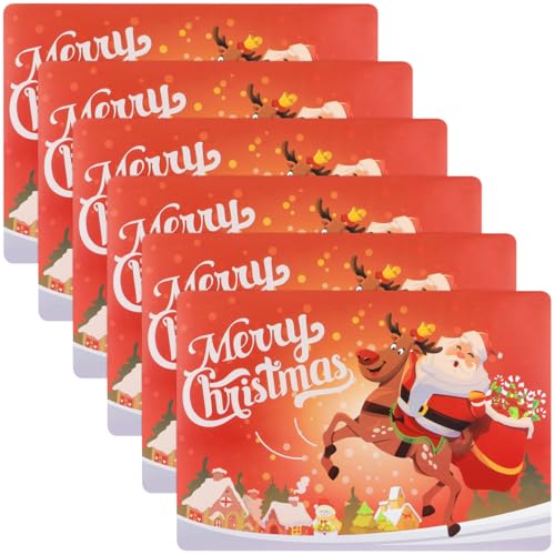 Christmas Placemat Set Waterproof Table Mats - Red Santa Reindeer Snowflakes, 17.3x11.8 Inches, 6 Pack