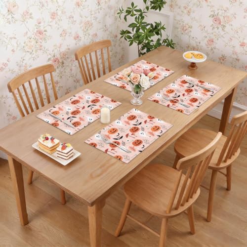 Halloween Farmhouse Placemats Set of 4 - Pumpkin Ghost Bat Seasonal Table Mats