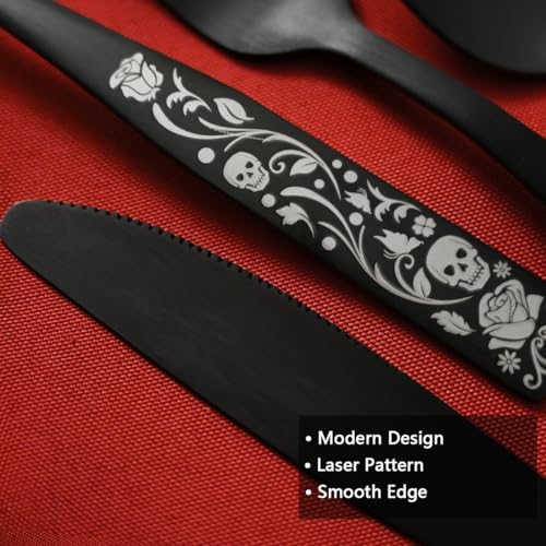 Skull Rose 20-Piece Matte Black Flatware Set for 4 - Gothic Skeleton Pattern Silverware