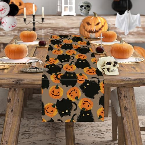 Halloween Table Runner Black Cat Pumpkins 13x72 Inch - Seasonal Kitchen Decor with Variation