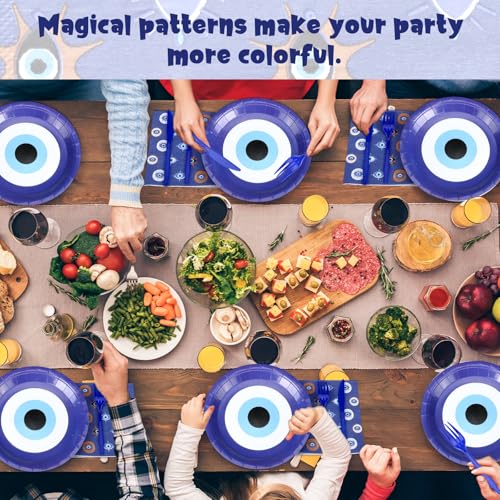 Blue Evil Eye Party Paper Plates Napkins Set - Disposable Halloween Decor 24 Servings