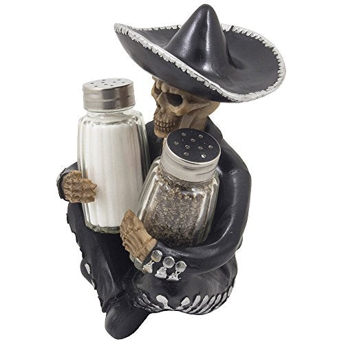 Dia de Los Muertos Skeleton Salt and Pepper Shaker Set with Decorative Figurine Holder
