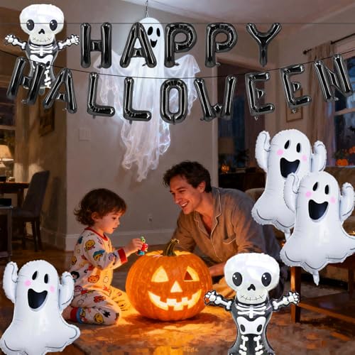 Halloween Balloons Black Happy Halloween Foil Letter Skeleton Ghost Party Decorations - Black