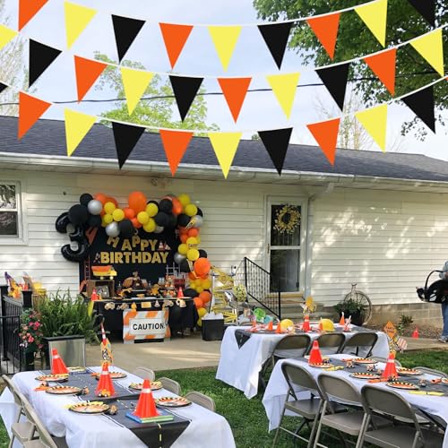 Fabric Bunting Banner 40Ft Triangle Flags for Construction & Party Decor - Black, Orange, Yellow