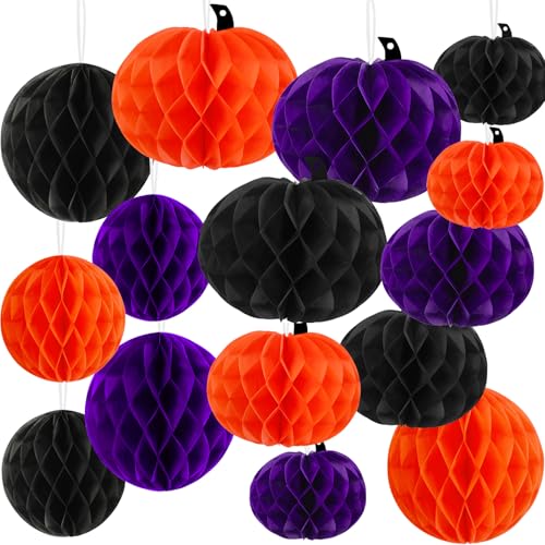 Halloween Honeycomb Hanging Decorations Set - Orange Purple Black, 15 Pieces - Halloween Style