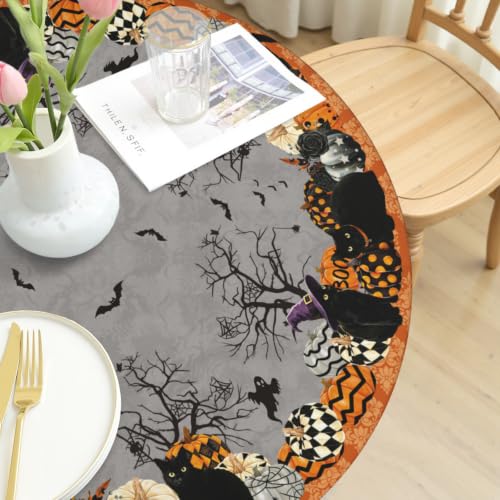 Grey Halloween Fitted Tablecloth with Black Cats Pumpkins & Bats - Waterproof 40-44 Inch Round