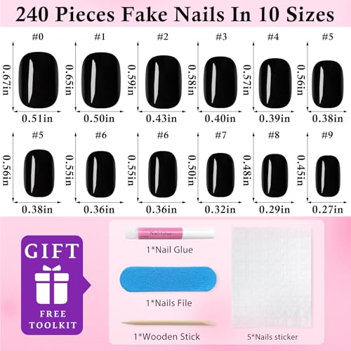 Black Short Square Press On Nails Kit with Glue & Tabs - 240 Pieces, 12 Sizes