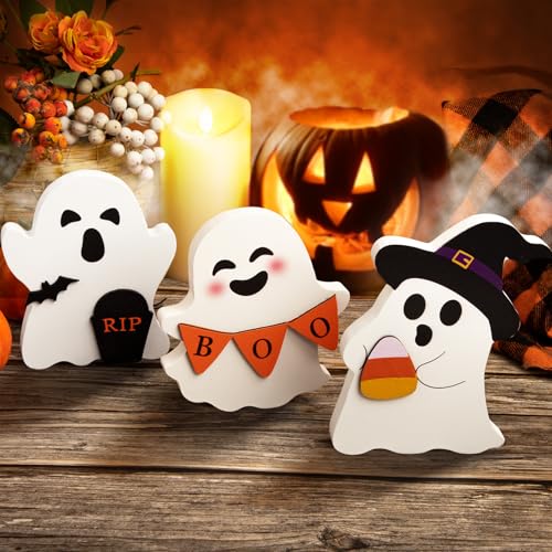 Cute Ghost Halloween Decorations Indoor Set - Wooden Tiered Tray Signs, B