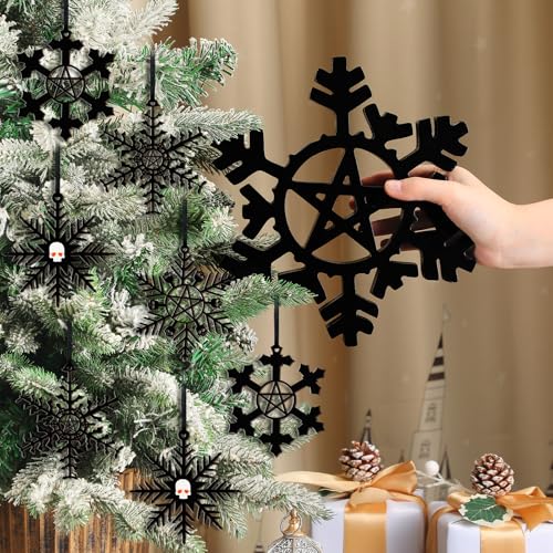 Gothic Christmas Tree Topper Set with Black Snowflake Ornaments - 17 Pieces