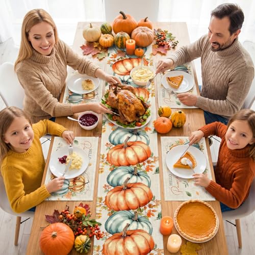 Fall Pumpkin Table Runner 13x72 Inches with 4 Placemats - Autumn Decor