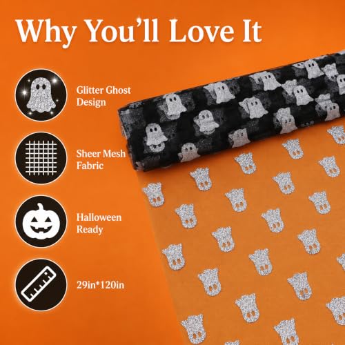 Halloween Mesh Ghost Table Runner Set - Black Sheer Gauze with Silver Glitter 2 Pack