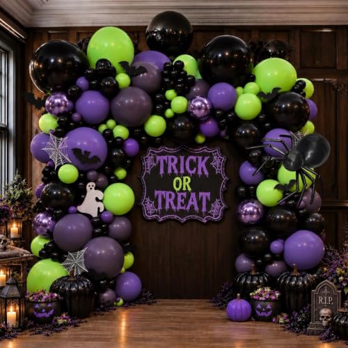 Black Purple Green Balloon Arch Kit for Halloween and Parties - Double Stuffed Latex Balloons