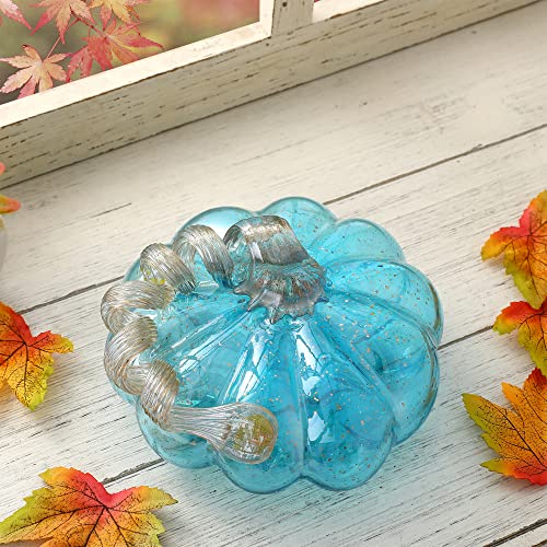 Glitzhome Hand Blown Glass Pumpkin Decor - 5 Inch Blue Fall Centerpiece