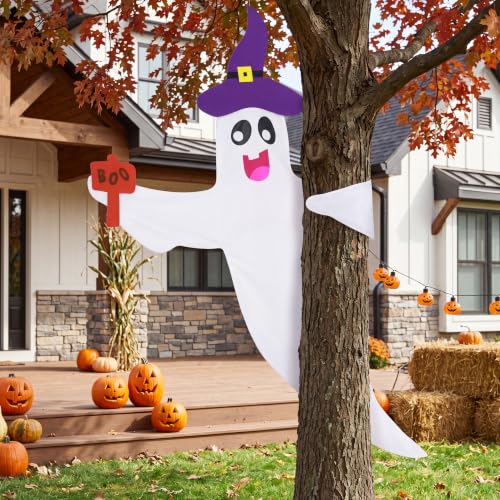 Large Outdoor Halloween Ghost Tree Wrap - 59-Inch Spooky Yard Decor with Witch Hat