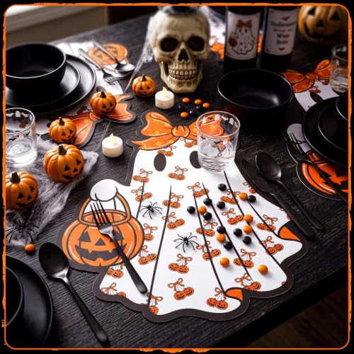 Halloween Ghost Paper Placemat Set - 50 Disposable Orange Pumpkin Table Mats with Bow - Ghost Theme Party Decor