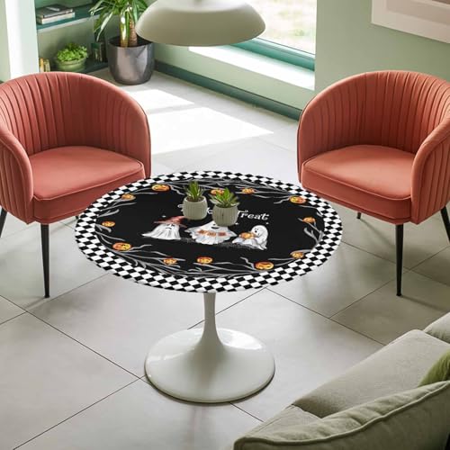 Halloween Fitted Round Tablecloth - Trick Or Treat Quotes Waterproof Cover with Elastic Edge, 45-54 Inch, Black