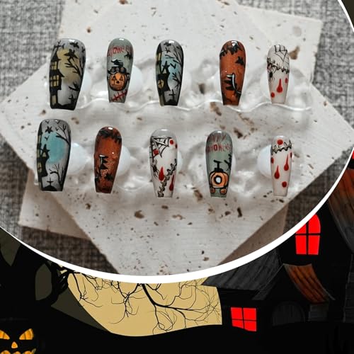 Halloween Character Art Press-On Nails Long Coffin S - Spooky Scene & Gothic Design