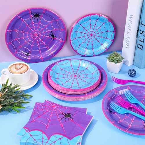Spider Party Tableware Set for 24 Guests - Blue & Purple Disposable Plates Napkins Cutlery Halloween Birthday