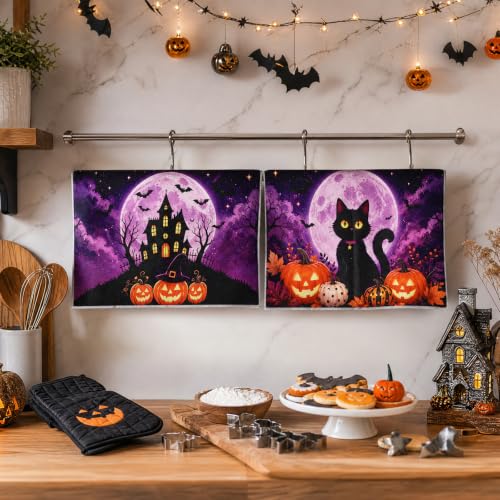 Halloween Kitchen Towels Set of 2 - Microfiber Spooky Cat Pumpkin Design - Halloween Variation