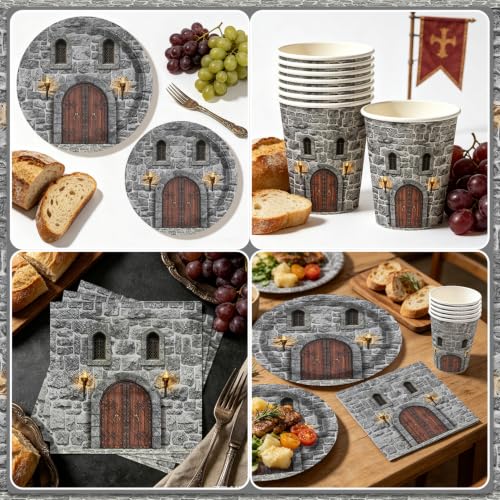 Medieval Party Dinner Plates Cups Napkins Tableware Set for 20 - Castle Stone Wall Decor