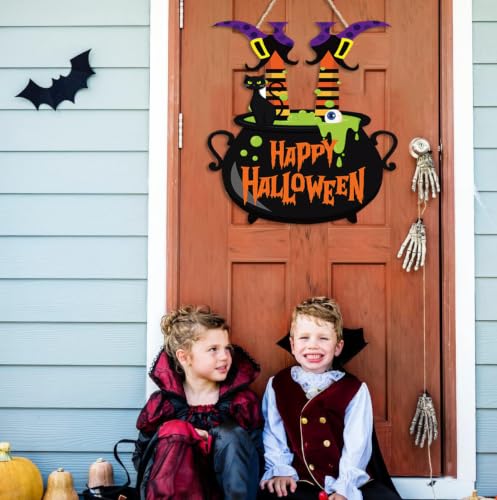 Halloween Witch Door Sign Wooden Wreath for Front Door Decoration