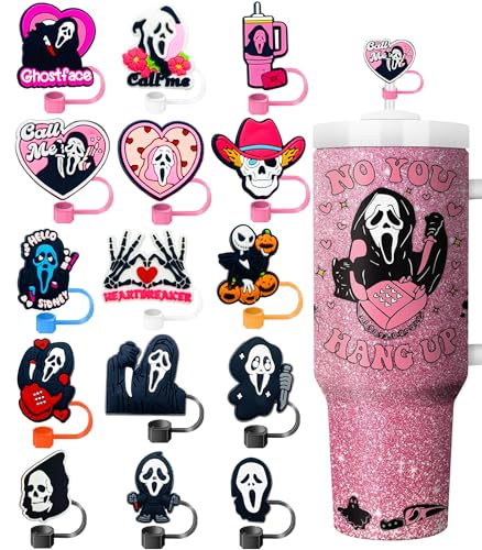 15PCS Halloween Ghost Straw Covers for Stanley Cups - Reusable Silicone Toppers
