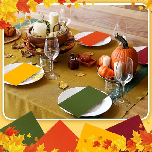 Fall Colored Paper Napkins Set - Green, Brick Red, Orange & Yellow, 120 Pack