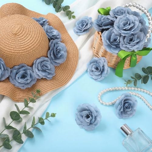Artificial Blue Roses Bouquet - 100 Pcs Long Stem Silk Flowers for Wedding & Party Decor - Dusty Blue