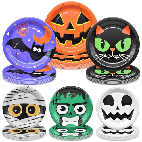 Halloween Party Plates Set - 48 Disposable Paper Plates with Cat, Pumpkin, Bat & Skull Designs