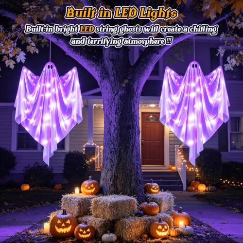 Halloween Hanging Light-up Ghost Decoration - 47-Inch Flying Purple LED Haunted House Prop