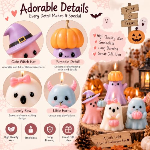 Pastel Halloween Ghost Candle Set - Pumpkin & Witch Hat Figurines, 4 Pack