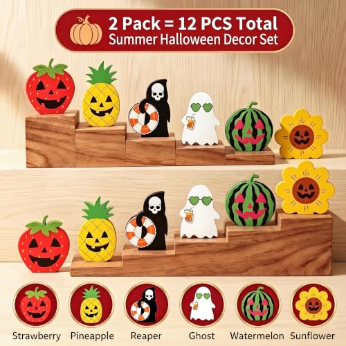 12PCS Wooden Halloween & Summerween Tabletop Decorations Set - Durable Eco-Friendly Holiday Decor