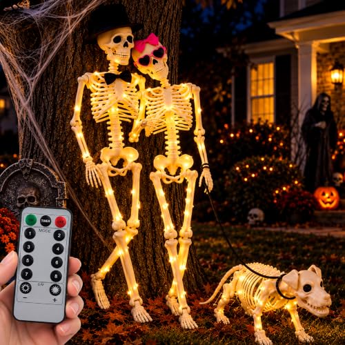 Halloween Skeleton Decorations Set with 2 Life-Size Skeletons & Dog - Weather-Resistant, Fully Poseable, with Lighting Modes