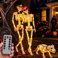 Halloween Skeleton Decorations Set with 2 Life-Size Skeletons & Dog - Weather-Resistant, Fully Poseable, with Lighting Modes