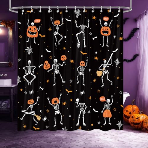 Funny Gothic Halloween Shower Curtain - Skeleton, Pumpkins, Black & White, Waterproof, 72x72 Inches with 12 Hooks - Kids Bathroom Decor