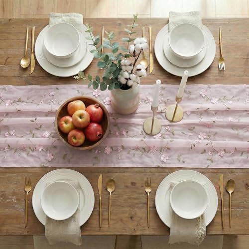 Pink 3D Flower Gauze Embroidery Table Runner - 28 x 120 Inch