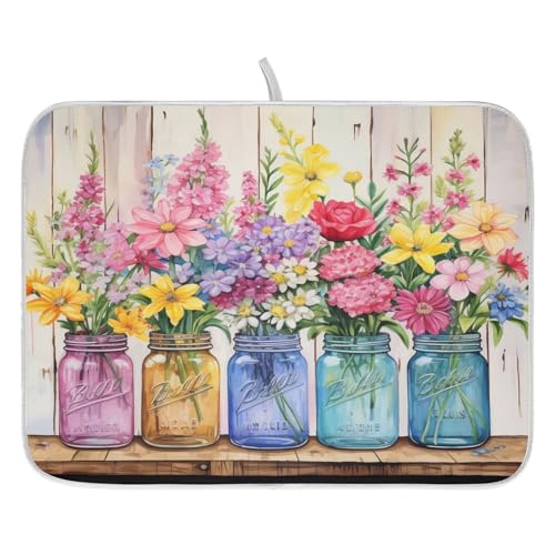 24x18 Inch Floral Jars Dish Drying Mat for Kitchen Counter Absorbent Microfiber