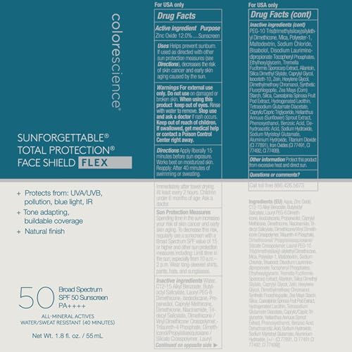 Colorescience Total Protection Face Shield Flex SPF 50, Zinc Oxide Formula, Light, 1.8 fl. oz.