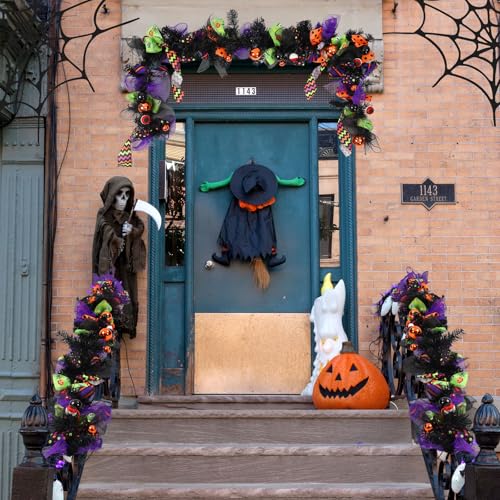 Halloween Garland for Mantle 6ft with Mesh Ribbon and Ornaments