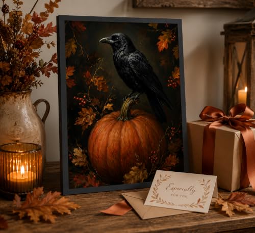 Framed Gothic Raven on Pumpkin Wall Art - Halloween Autumn Decor, 16x12 Inches