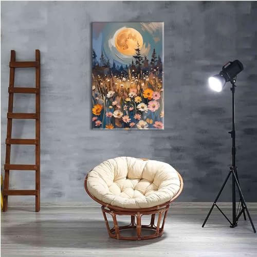 Wildflowers Wall Art Decor - Gothic Enchanted Full Moon Oil Painting Canvas - Framed 12x18in