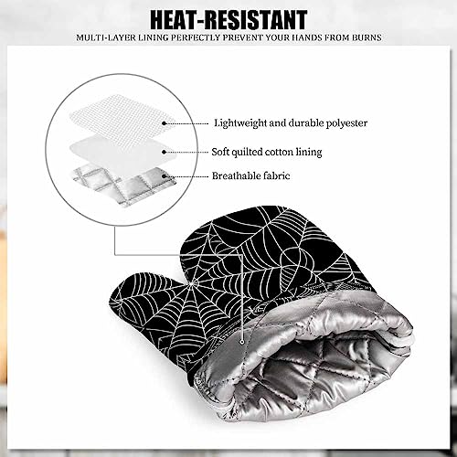 Halloween Spider Web Oven Mitts and Pot Holders Set - Black & White, Heat Resistant Silicone Kitchen Gloves