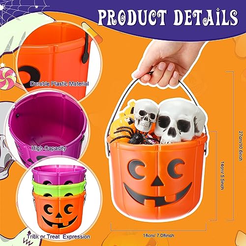 Cute Colorful Halloween Pumpkin Candy Buckets with Handles - 12 Pack