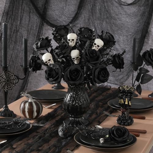 Artificial Roses Bouquet - Solid Black, 12 Long Stem Fake Flowers for Wedding & Home Decor - Variation: Solid Black / 12Pcs Flowers