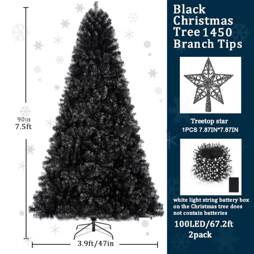 Black 7.5ft Artificial Christmas Tree with 1450 Tips & LED Lights Set