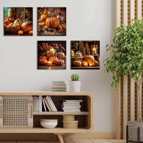 Fall Pumpkin Wall Art Canvas Prints - 12x12in 4-Piece Autumn Decor