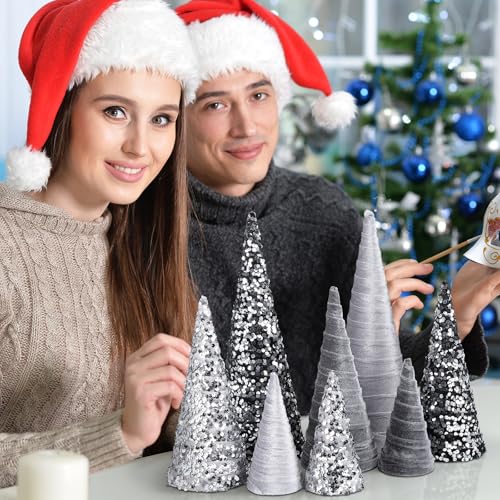 Ireer 12 Pcs Silver Gray Christmas Cone Trees Velvet Tree Decor - Sequin Variant